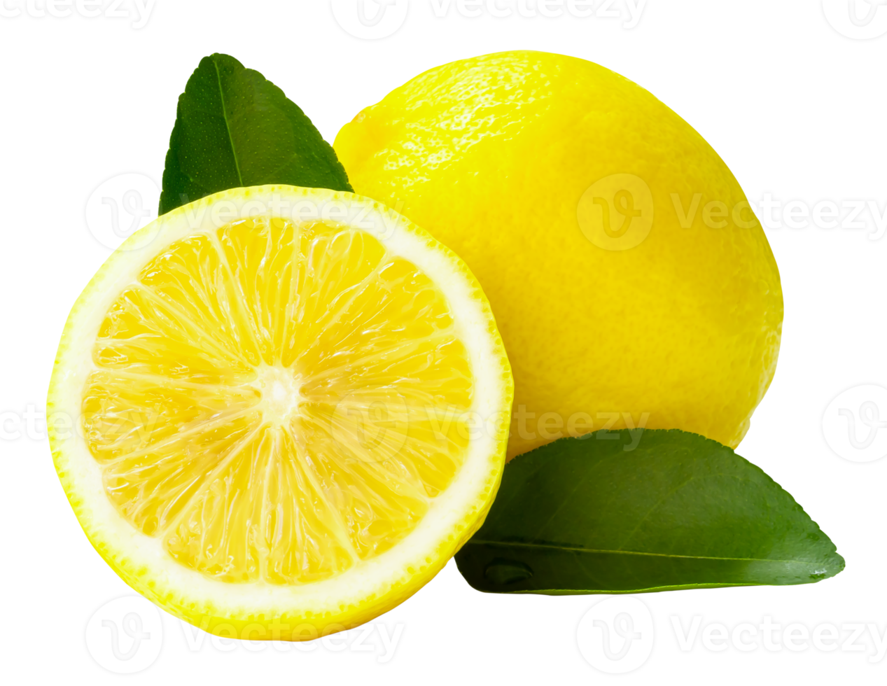 Front view of fresh yellow lemon fruit with half and green leaves isolated with clipping path in file format png