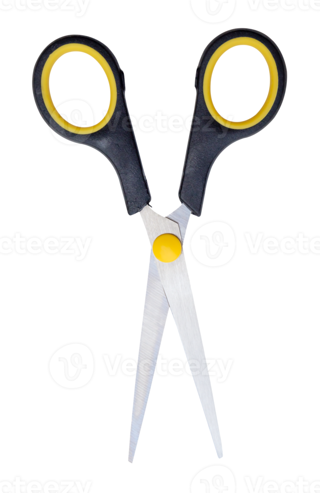 Top view of pair of multipurpose scissors with black and yellow handle isolated with clipping path in file format png