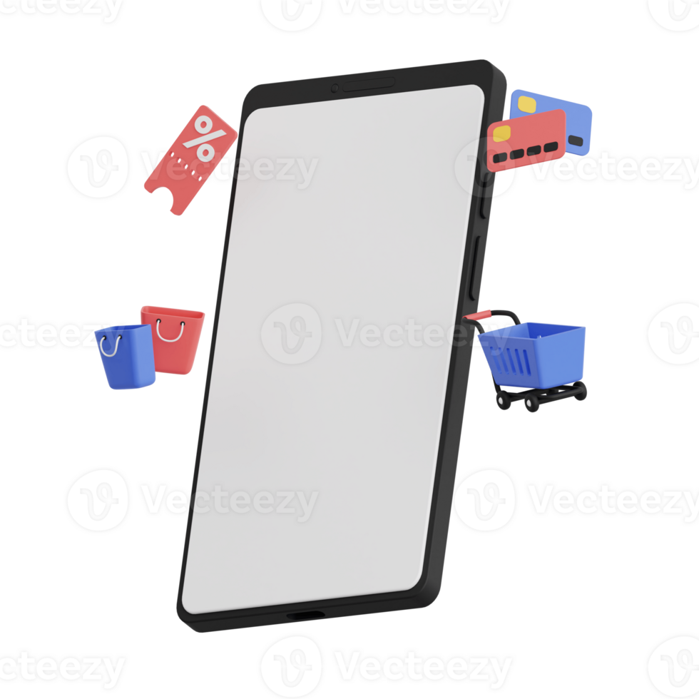 3d render smartphone with white space screen for mockup with Shopping concept. Transparent background illustration png
