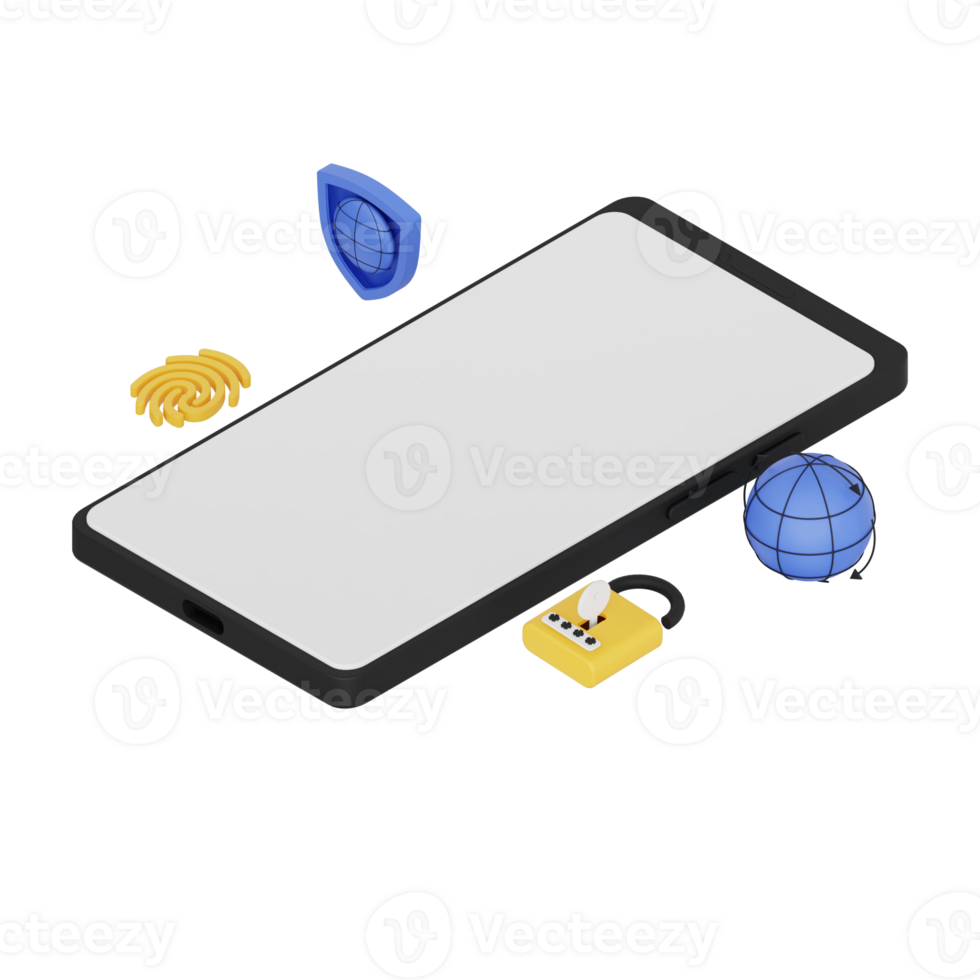 3d render isometric smartphone with white space screen for mockup with Cyber Security concept. Transparent background illustration png
