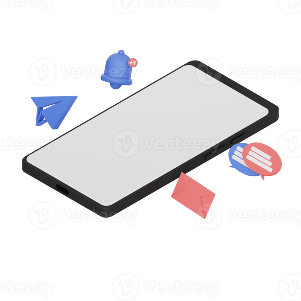 3d render isometric smartphone with white space screen for mockup with Message concept. Transparent background illustration png