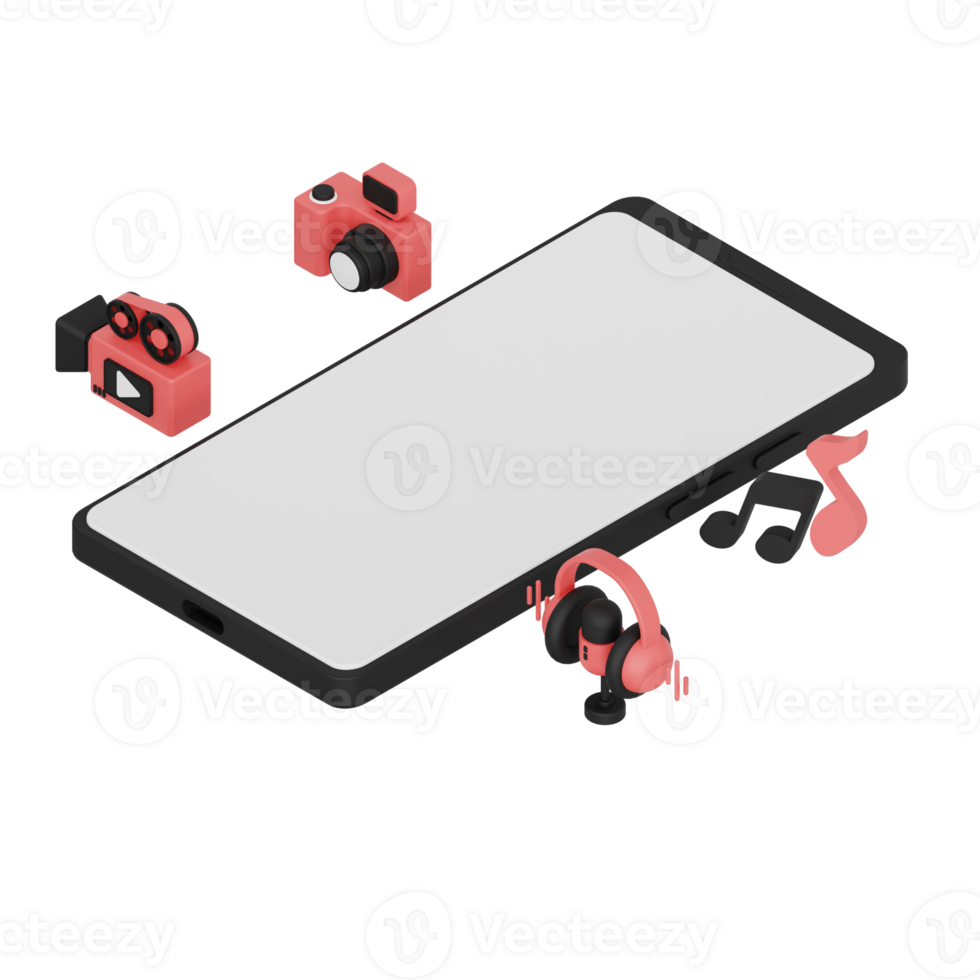 3d render isometric smartphone with white space screen for mockup with Entertainment concept. Transparent background illustration png