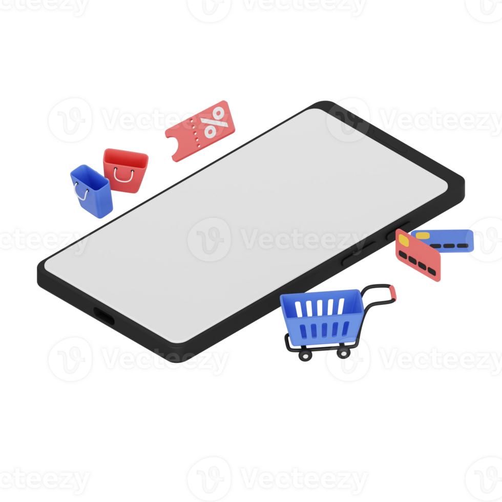 3d render isometric smartphone with white space screen for mockup with Shopping concept. Transparent background illustration png