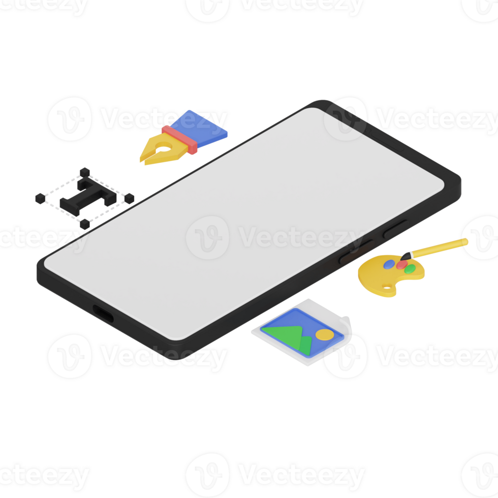 3d render isometric smartphone with white space screen for mockup with Graphic Design concept. Transparent background illustration png