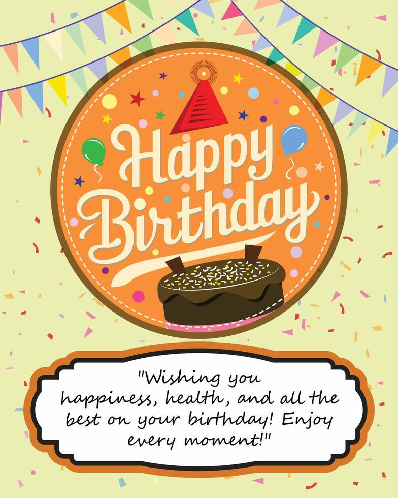 Happy birthday greeting text with yummy cake element decoration for kids party occasion vector