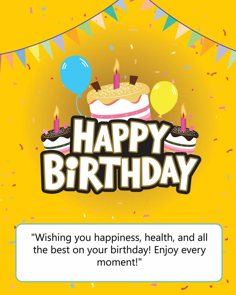 Happy birthday greeting text with yummy cake element decoration for kids party occasion vector