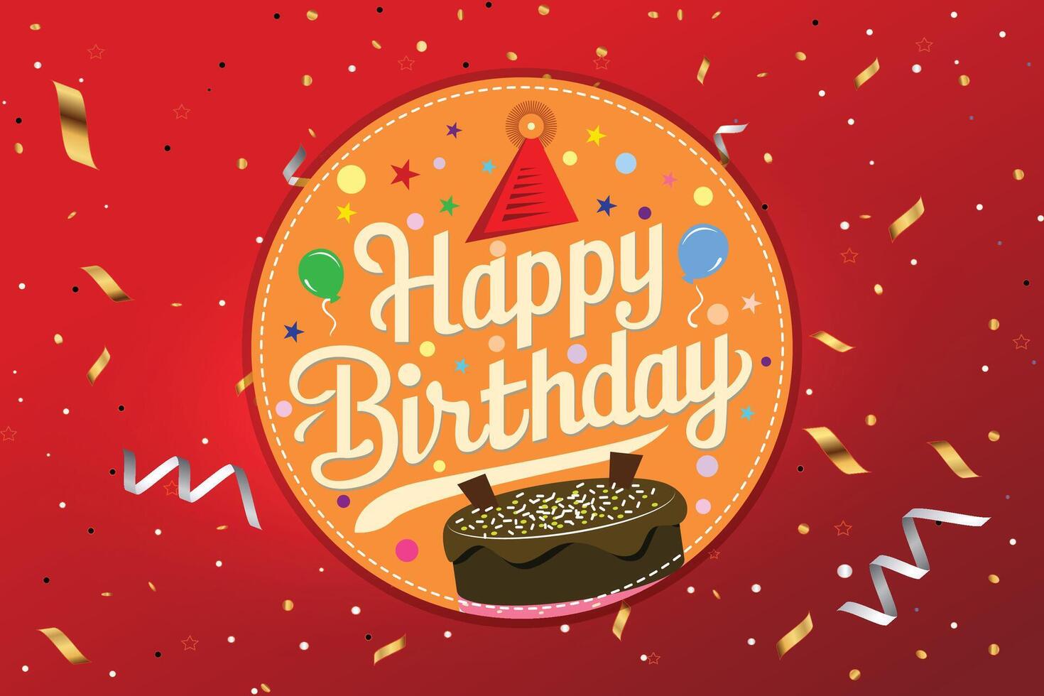 Happy birthday greeting text with yummy cake element decoration for kids party occasion vector