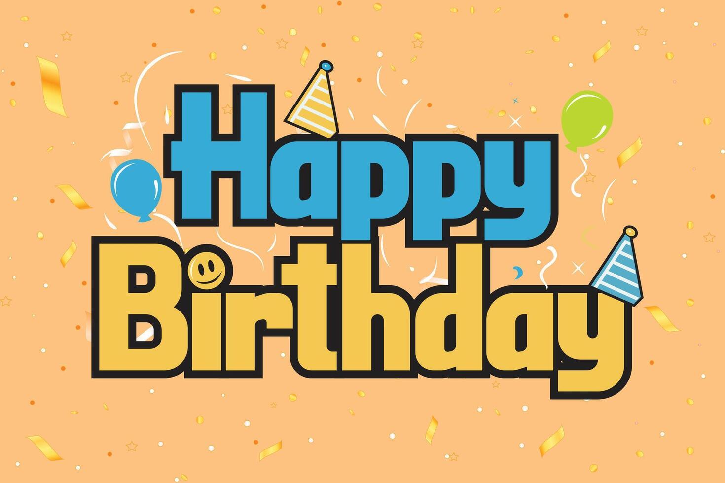 Happy birthday greeting text with yummy cake element decoration for kids party occasion vector