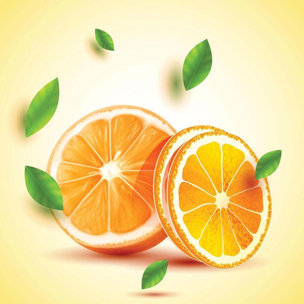 Fresh Half Orange Fruits with slice with Yellow Background vector