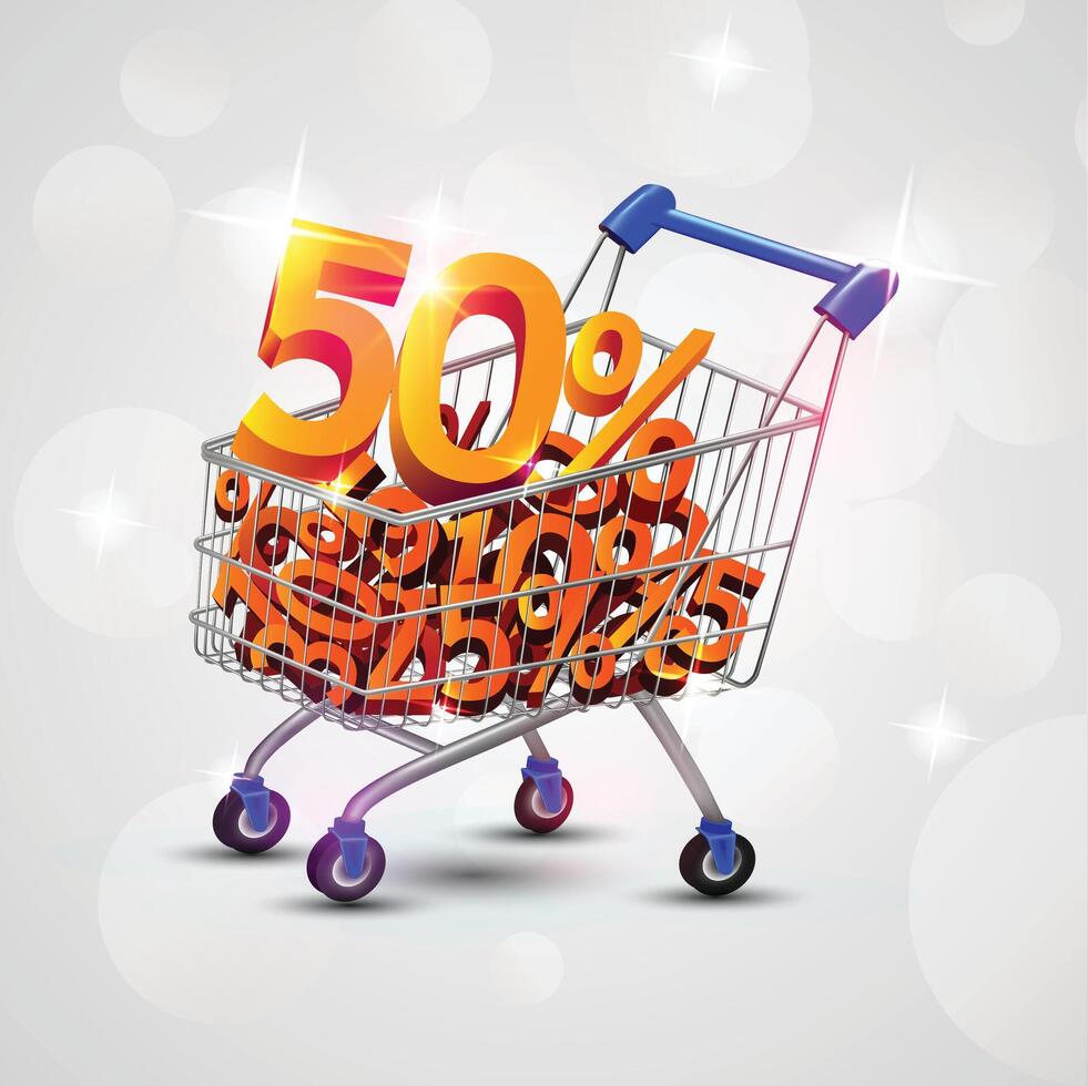 Shopping cart, 50 percentage or realistic trolley. illustration vector