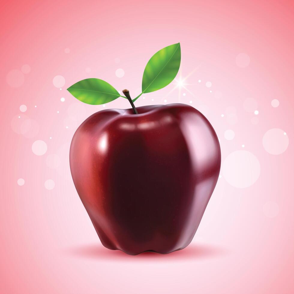 Fresh Red apple whole fruit, Realistic with green leaf, Background vector
