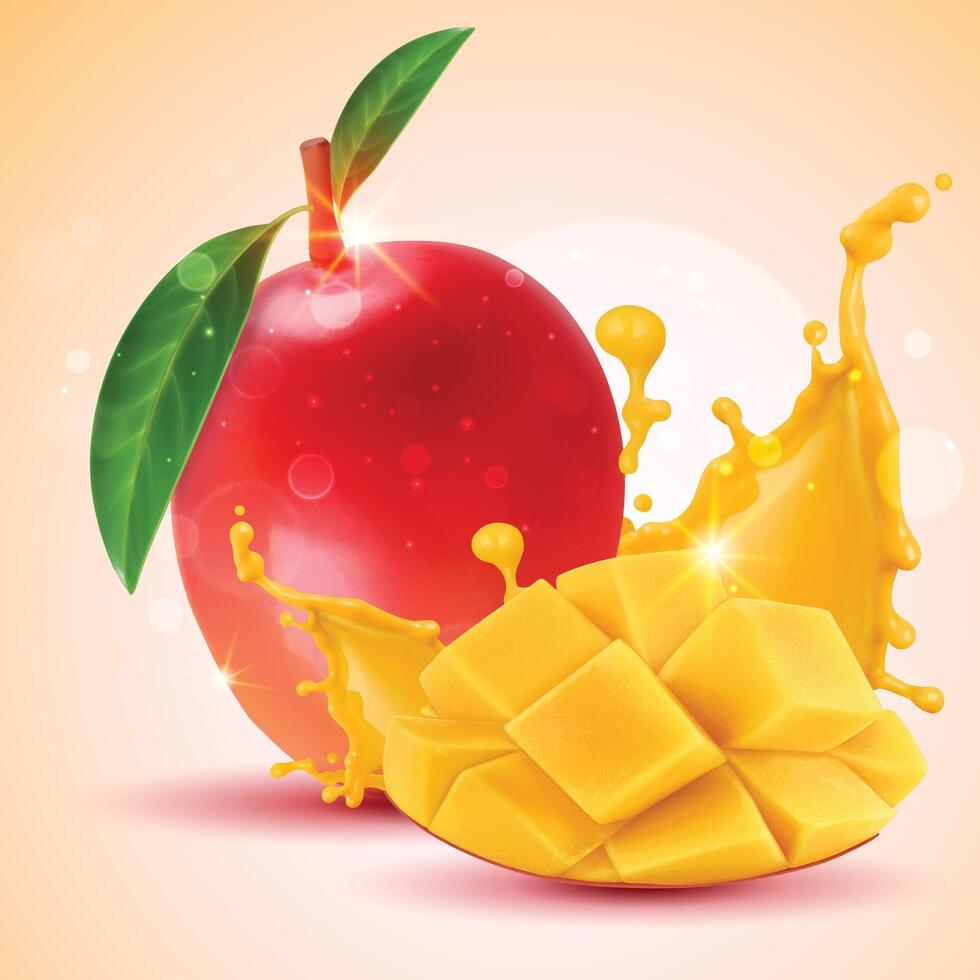 Fresh juicy whole mango fruit, Realistic with green leaf, Background vector