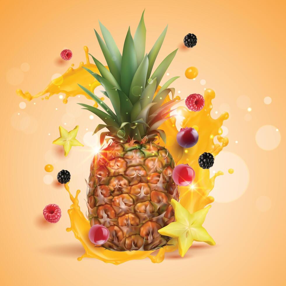 Whole pineapple and splash on a white background. vector
