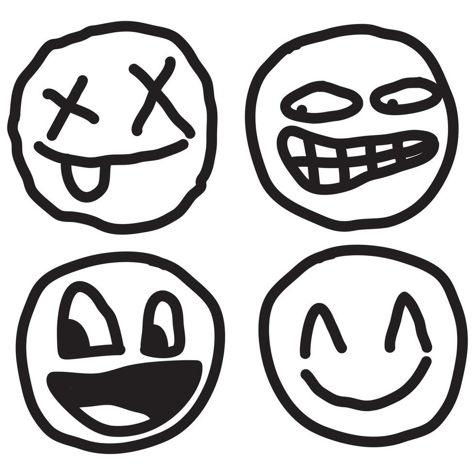 Emojis, different expressions. Afraid, confused, gleeful, happy, star-eyed, in love, crazy, tongue out. Blinking eyes. Hand drawing with marker pen. Brush, isolated on white background. vector