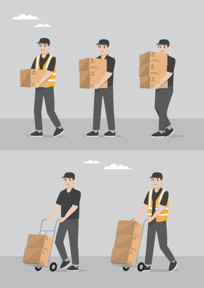 expedition man delivering item goods doing shipping activity in working uniform vector