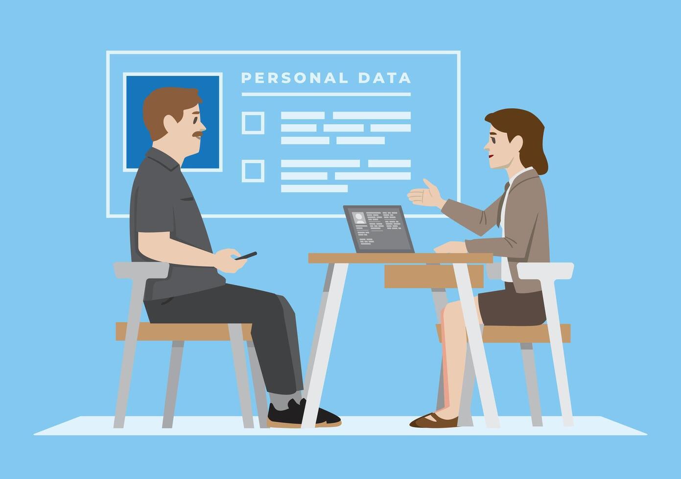 male bank client have consultation talk to female customer service and have background check vector