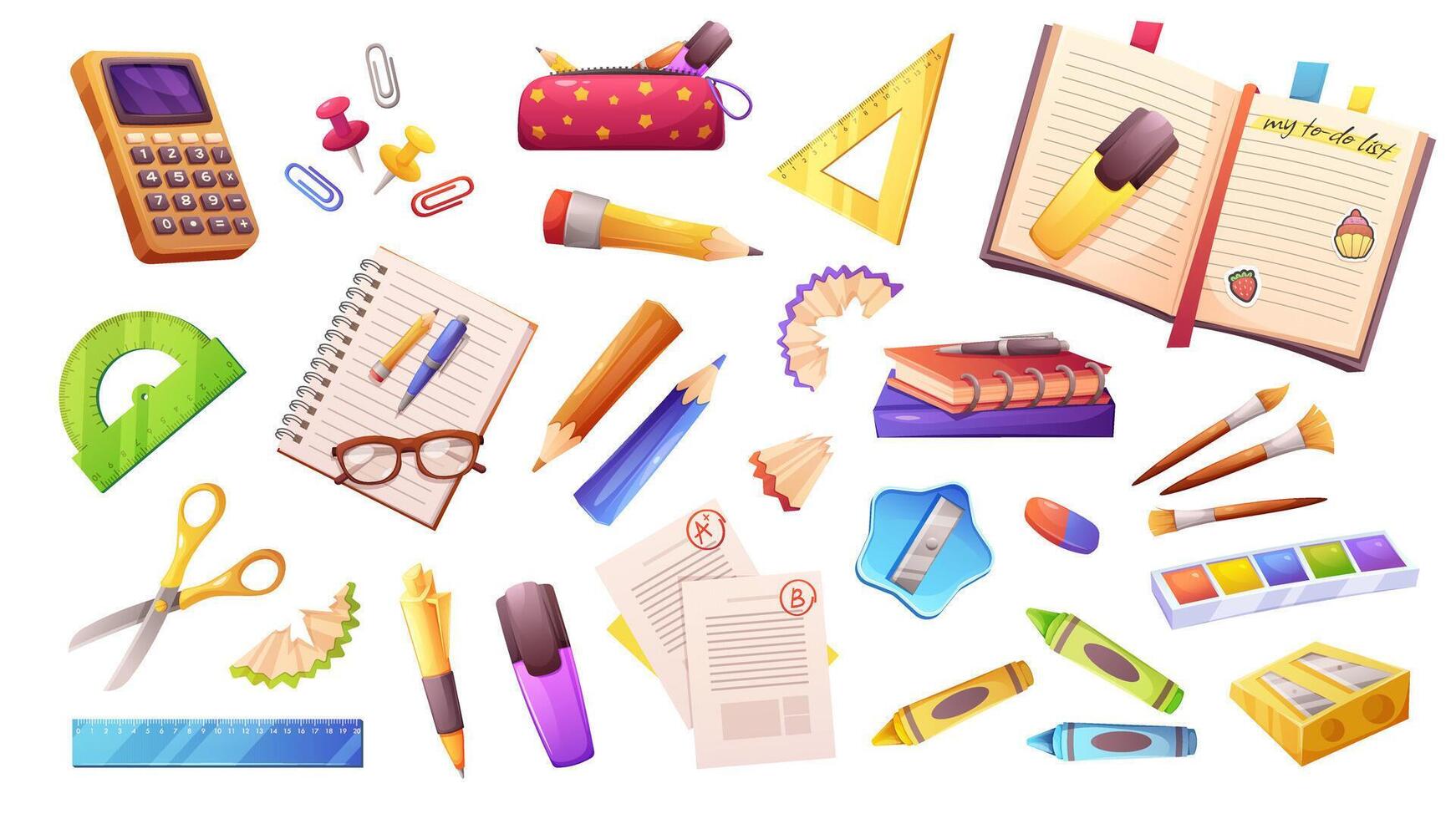Big set of small stationery. Writing utensils, rulers, notepads, scissors. elements on white background vector