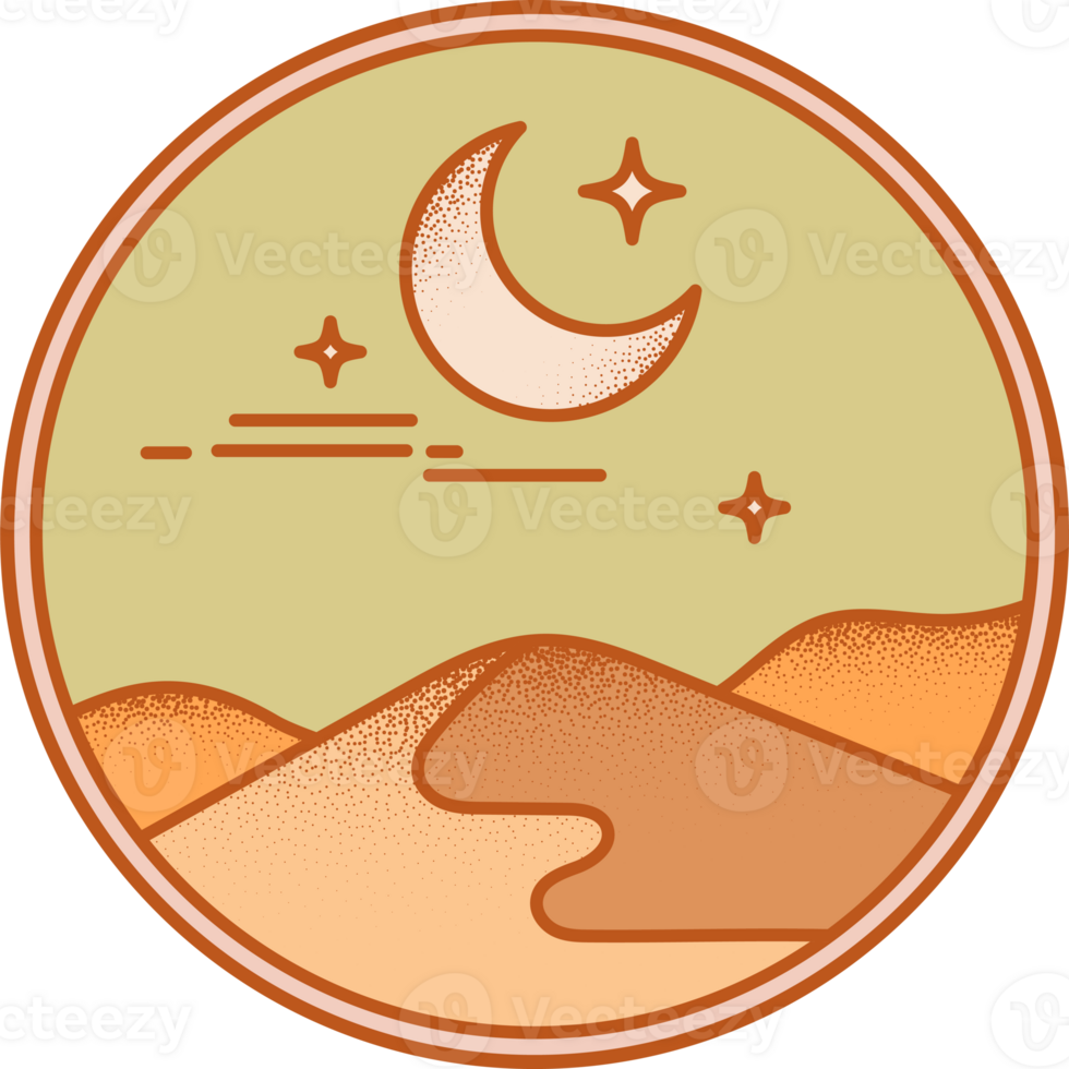 Night desert boho logo with moon and mountains. Abstract textured bohemian illustration of minimal landscape. Circle design element shape for poster and decoration png