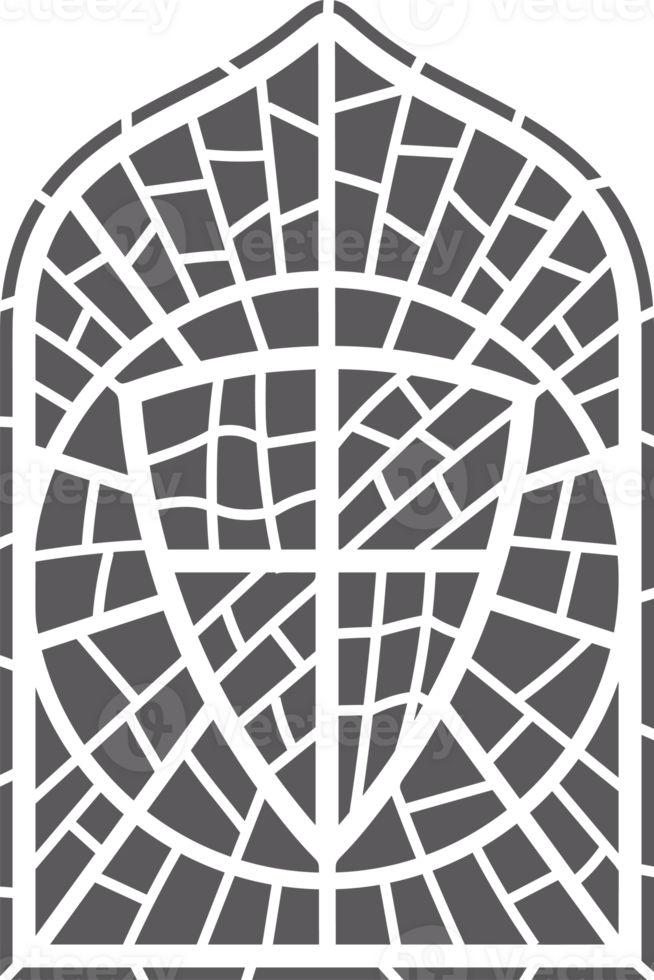 Church glass window. Gothic arch frame with medieval symbol. Vintage architecture element. Stained mosaic decoration with shield png