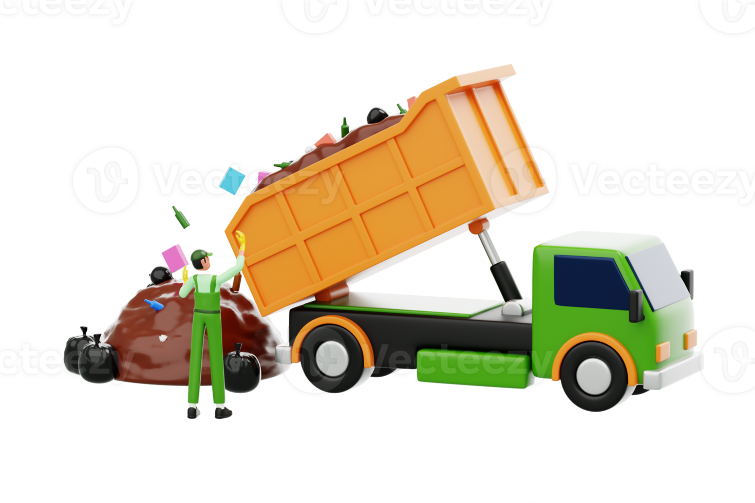 Dump truck dumping waste directly into landfills 3d illustration. Landfill landscape with trash piles and garbage truck 3d illustration png