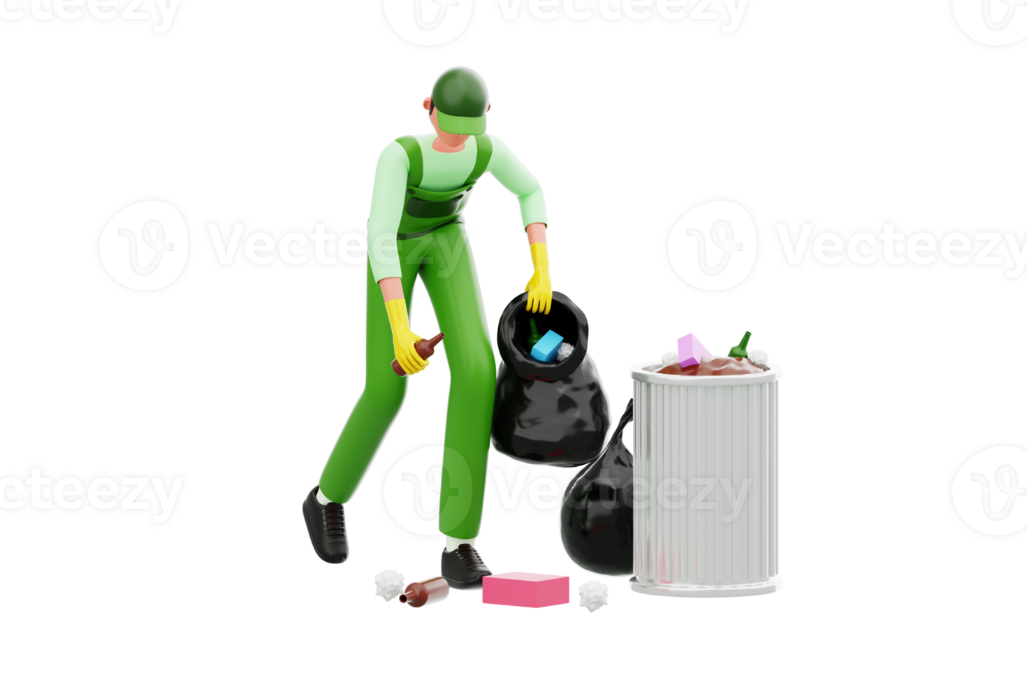 Janitor collecting waste into black polyethene bag 3d illustration. Man Collecting Garbage 3D Illustration png