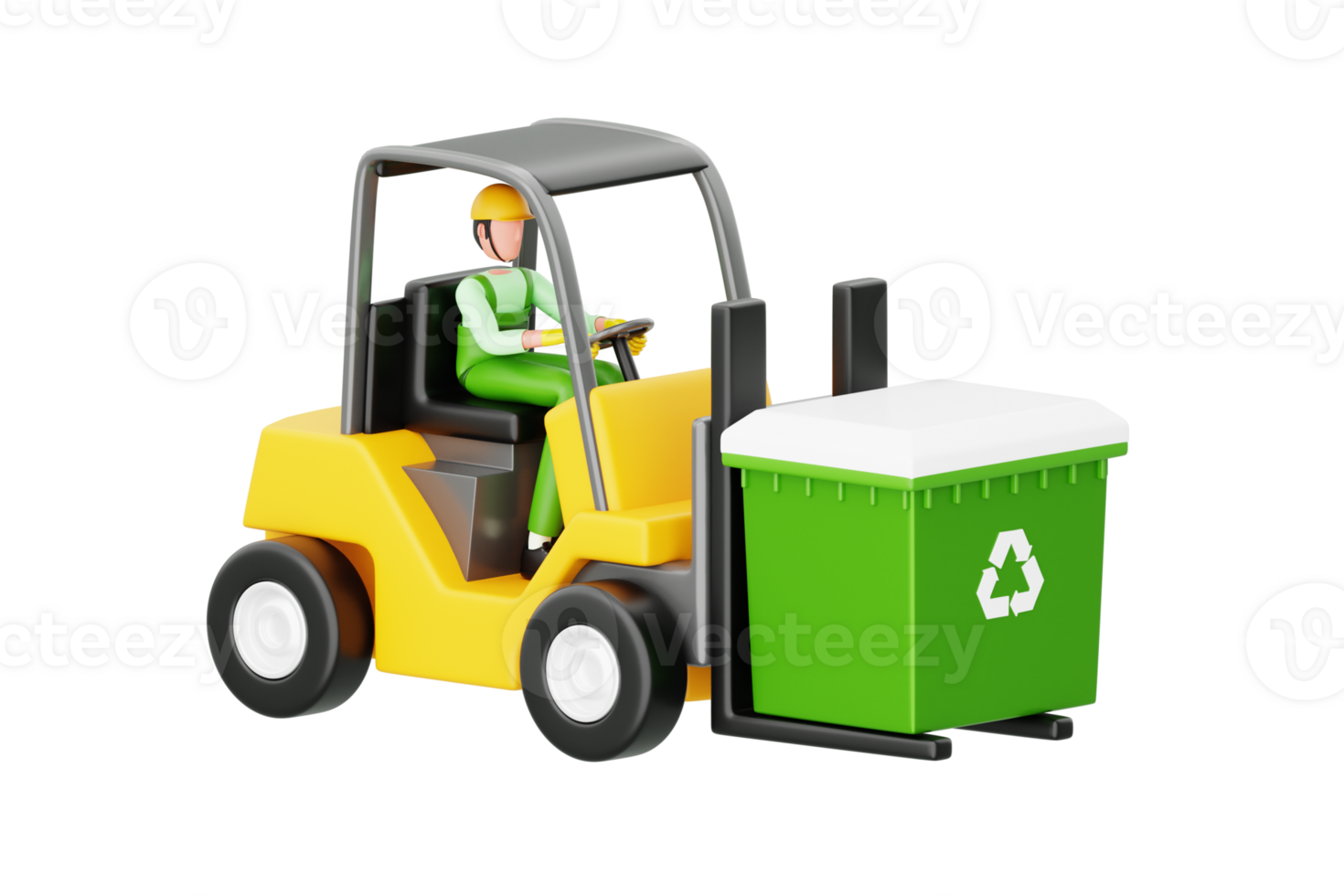 Forklift Holding Trash Box 3D Illustration. Forklift Carrying Recycling Trash Box 3D Illustration png