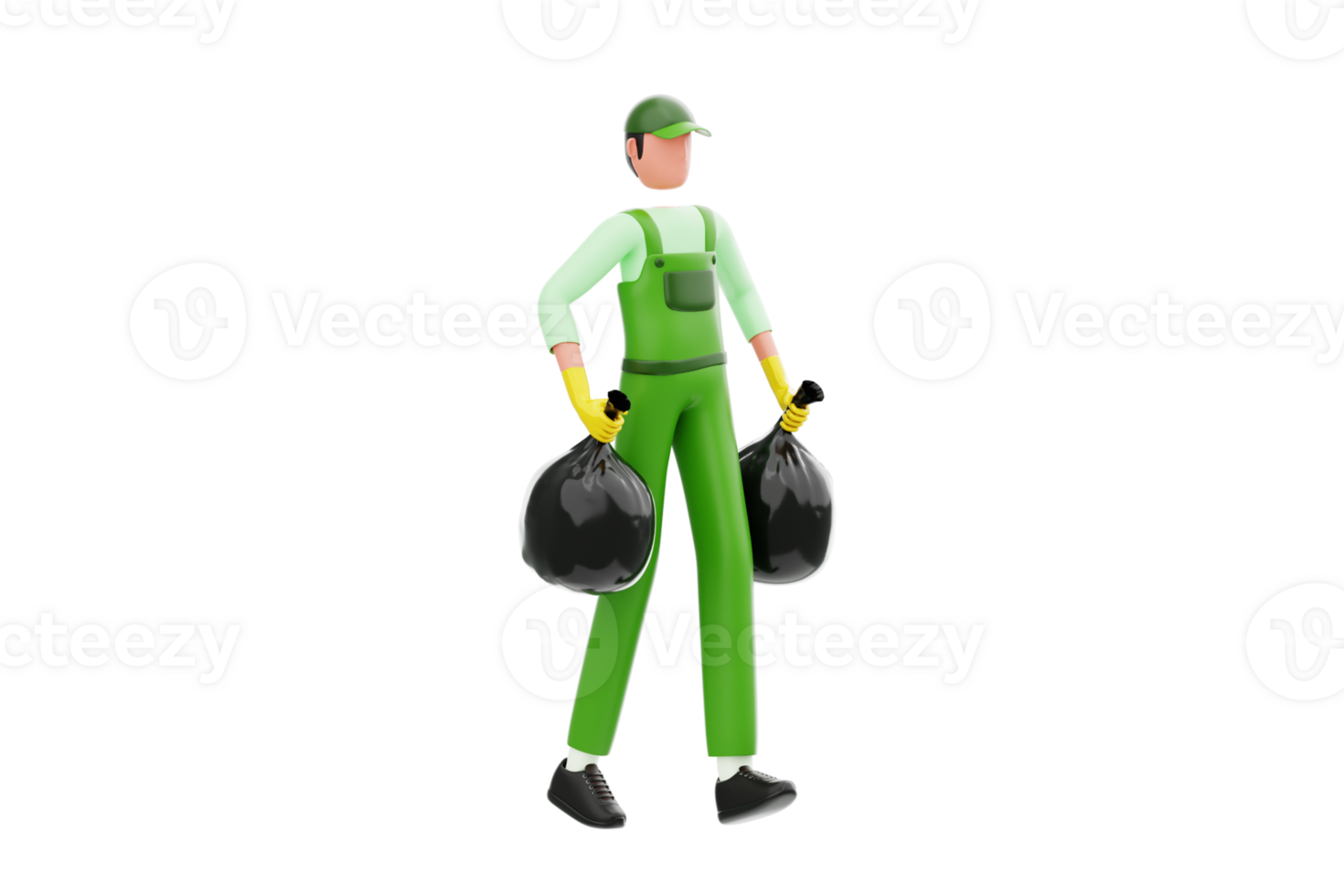 Janitor collecting garbage in plastic bags 3d illustration. Garbage Collector with garbage bags 3d illustration png