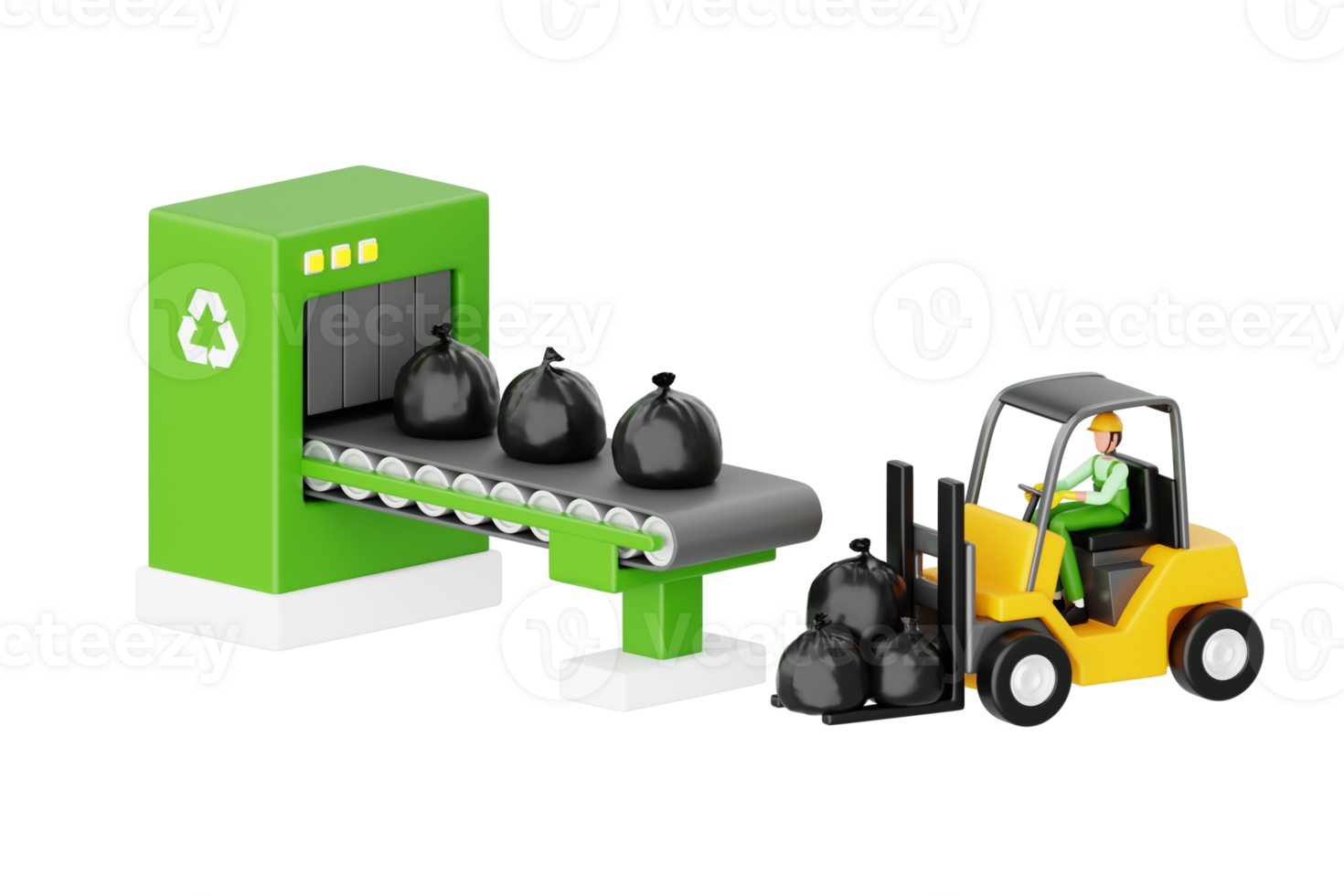 ouvrier chargement poubelle sur usine convoyeur ceinture 3d illustration. 3d illustration de chargement recycler déchets avec ceinture convoyeur png