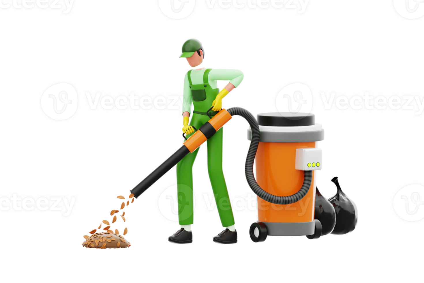 Cleaning staff collecting garbage with a vacuum cleaner 3d illustration. Male janitor collecting garbage 3d illustration png