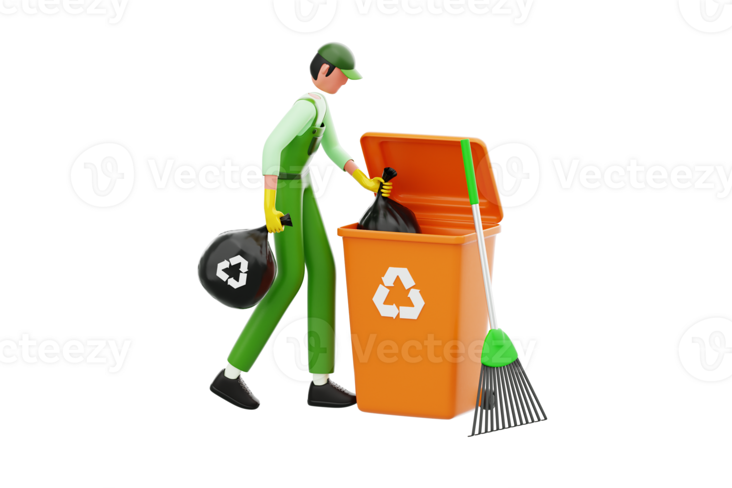 Janitor collecting garbage in plastic bags for recycle and trash bin 3d illustration. Garbage worker collecting recycling waste 3d illustration png