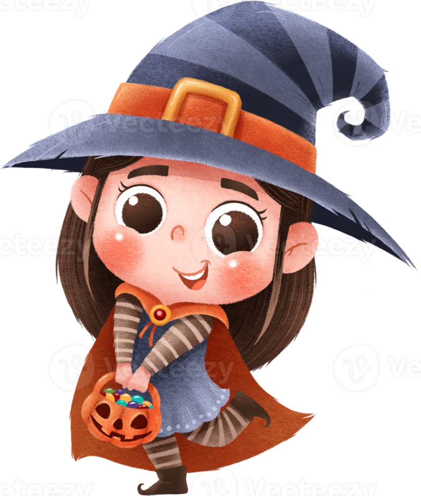 Cute cartoon child. Happy Halloween. Witch costume. png