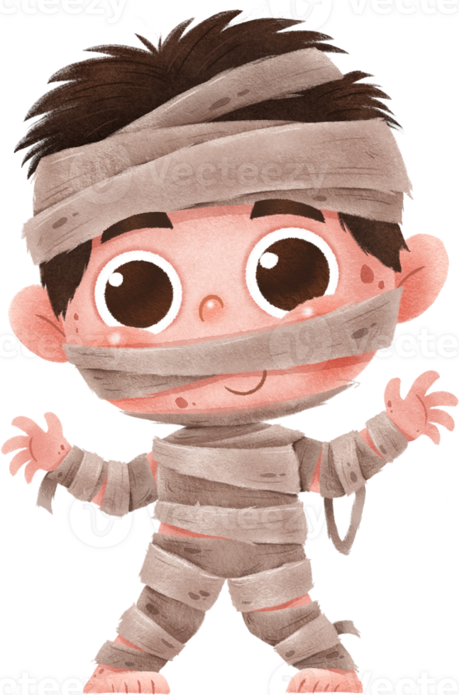 Cute cartoon child. Happy Halloween. Mummy costume. png