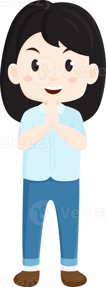The girl is in a prayerful pose with her hands together. character design png