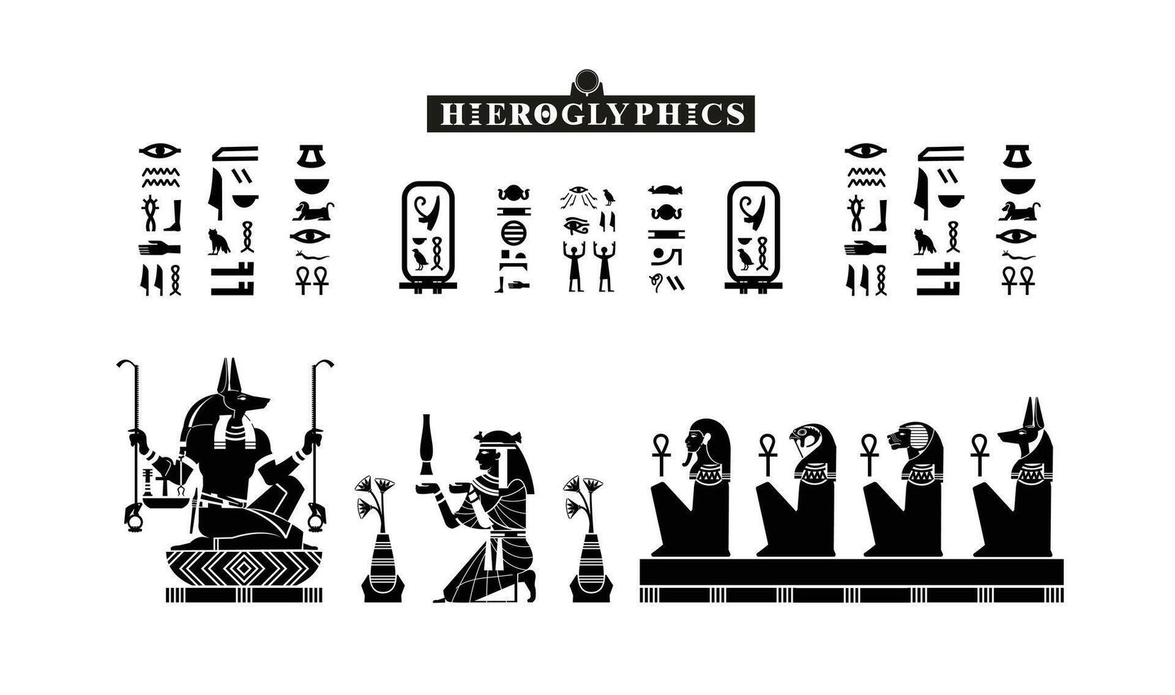Egyptian papyrus with gods and goddesses offering to anubis in silhouette. Ancient Egyptian gods and goddesses in historical hieroglyphic paper art. illustration isolated on white. Ancient Egyp vector