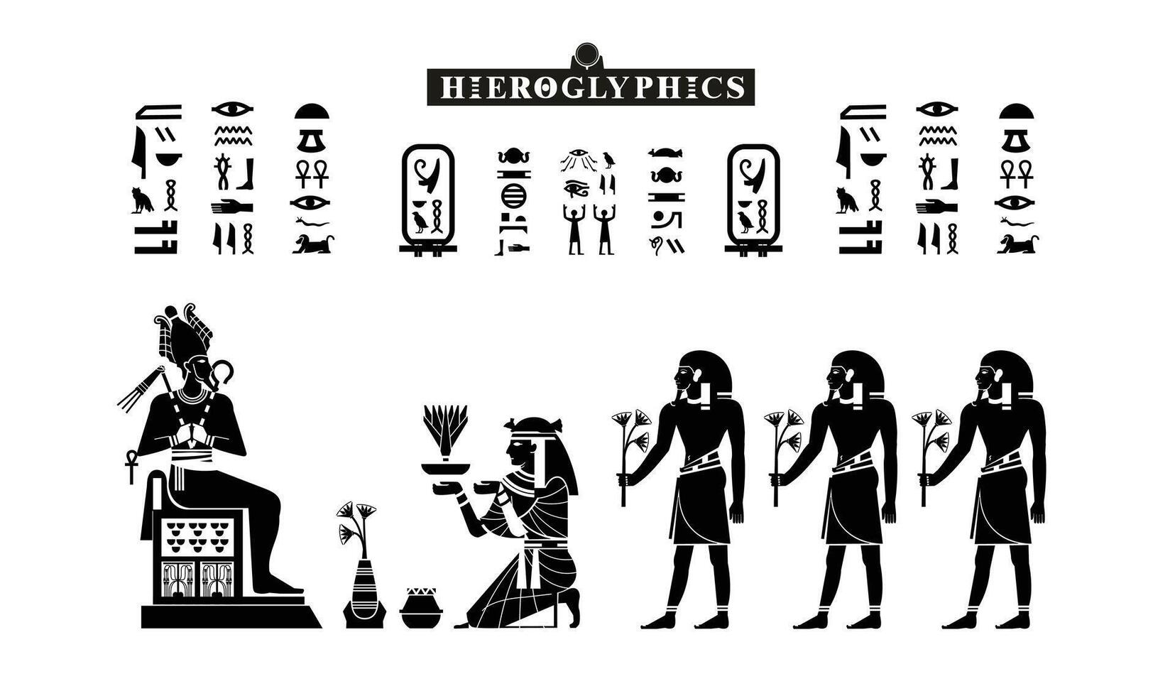 Egyptian papyrus with gods and goddesses offerings to osiris in silhouette. Ancient Egyptian gods and goddesses in historical hieroglyphic paper art. illustration isolated on white. Ancient Egy vector