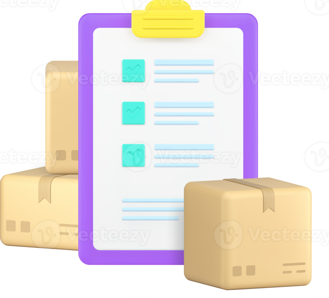 Courier parcel delivery service cargo cardboard box with checklist 3d icon png