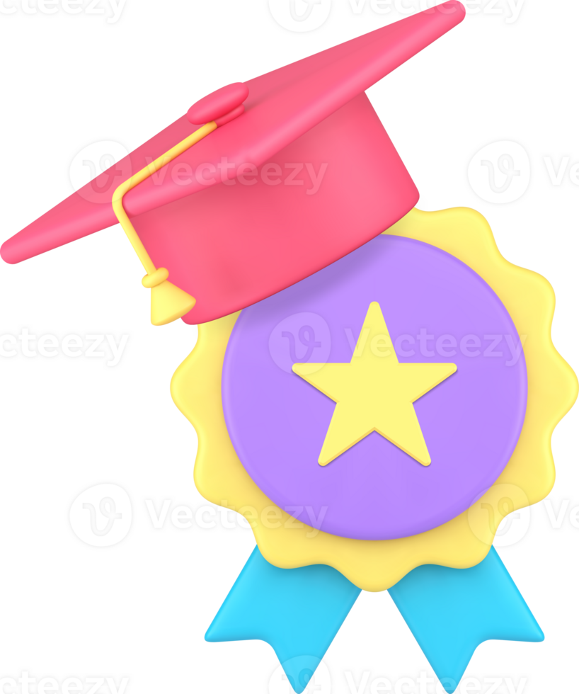Educational achievement graduation hat and medal degree ceremony 3d icon png