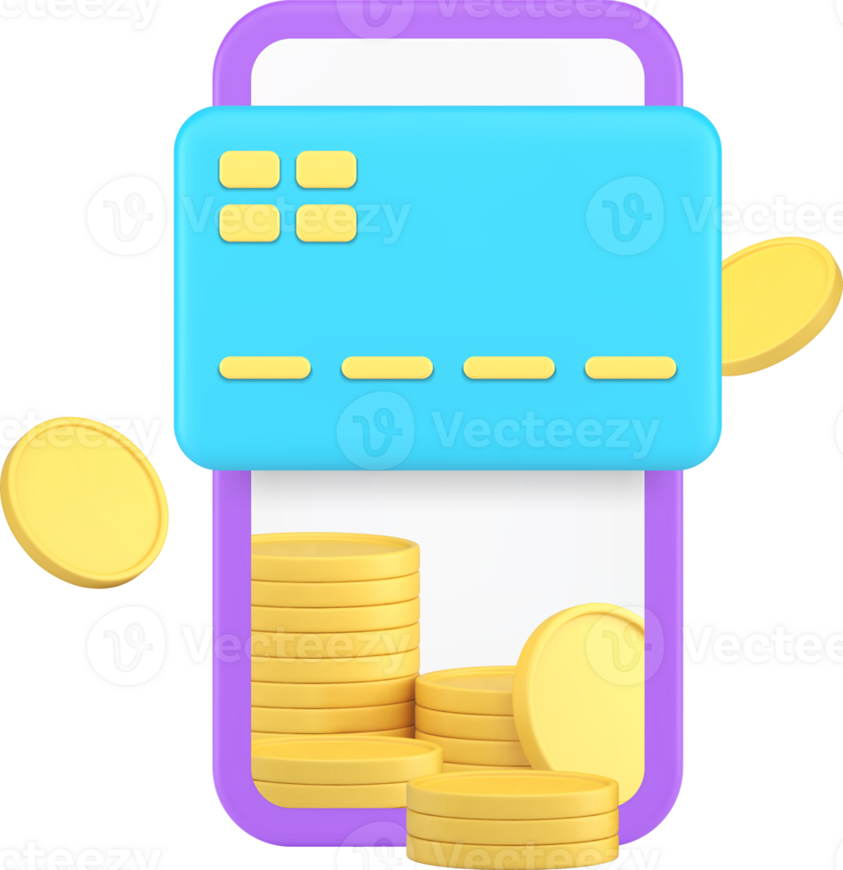 Online banking smartphone application card with coin cashback 3d icon png