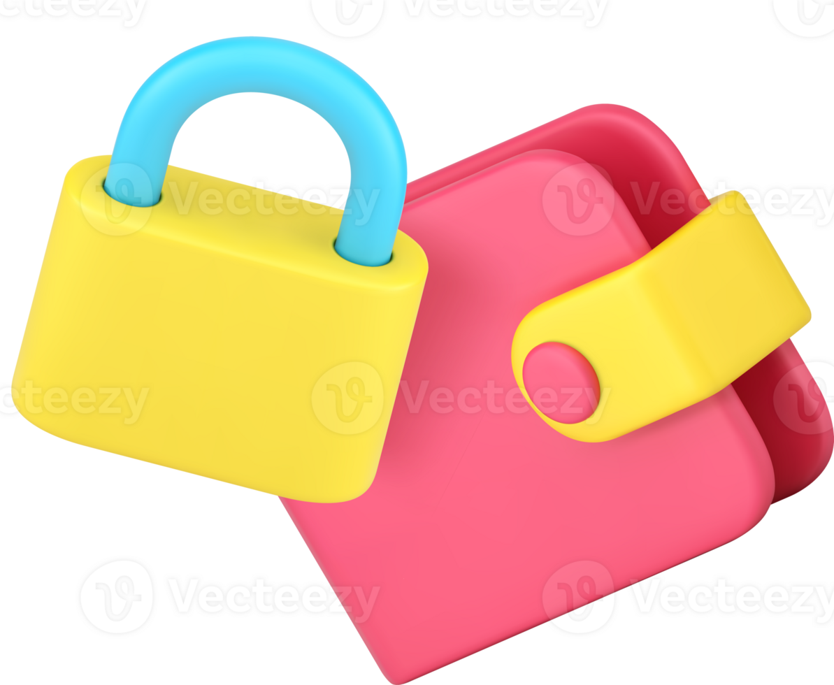 Finance budget money wallet protection insurance safety with lock 3d icon png
