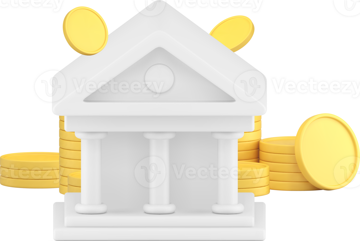 Bank building with retro column and golden cash coin money 3d icon png