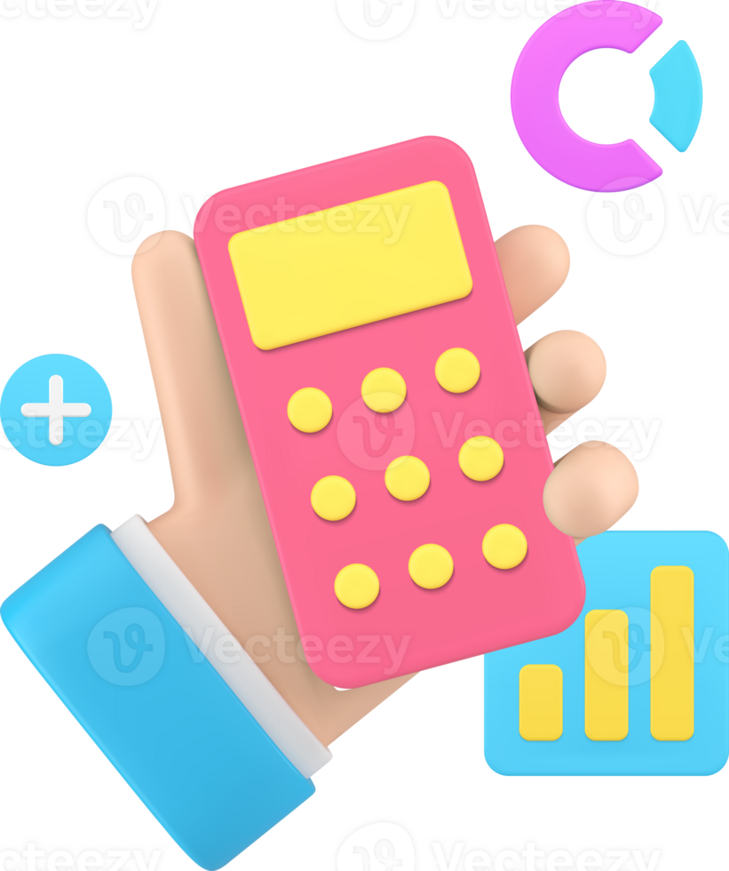 Financial analyzing business man hand holding calculator with chart diagram 3d icon png