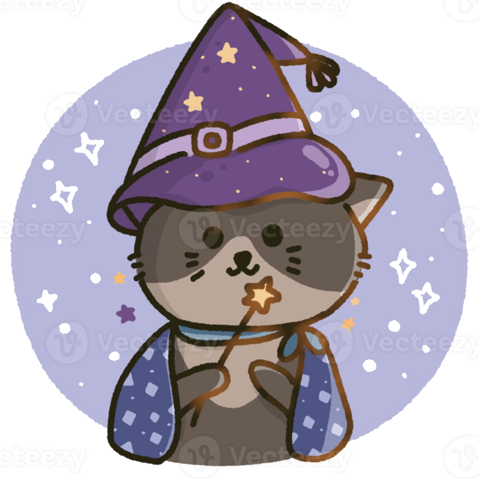 cute cartoon of a cat wearing a witch's hat and holding a Halloween wand png