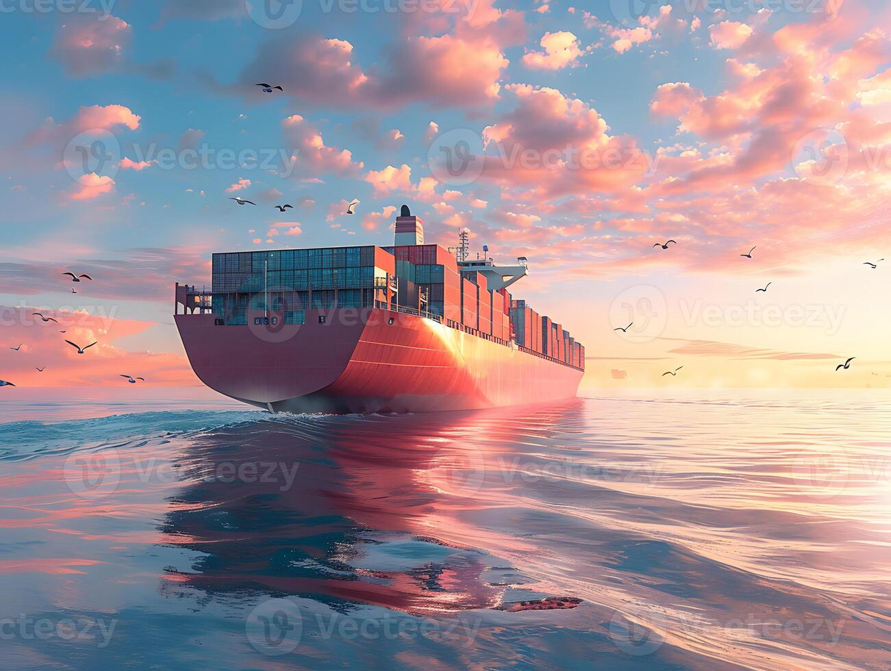 Top view of a large cargo ship with containers in the open ocean photo