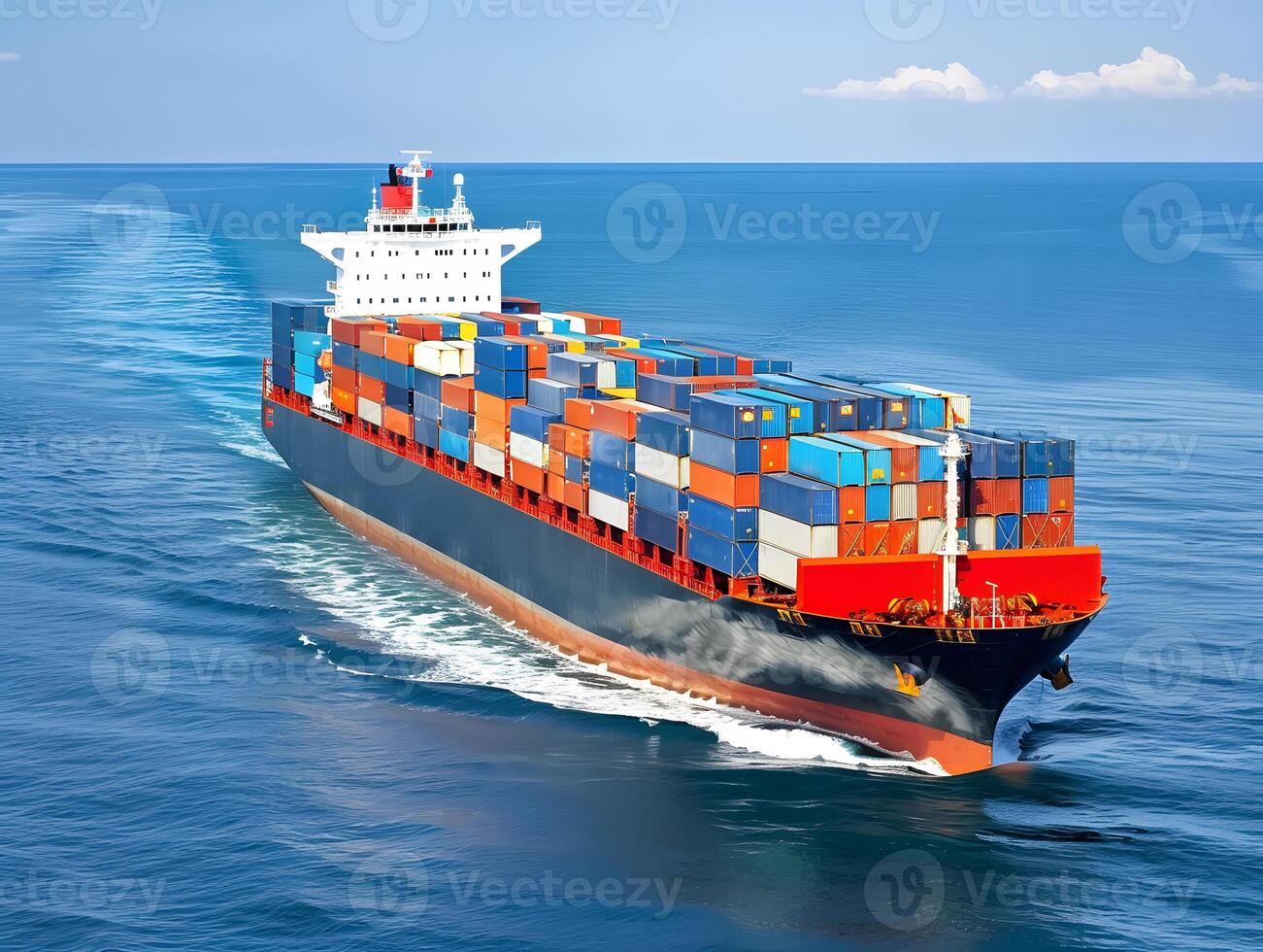 Top view of a large cargo ship with containers in the open ocean photo