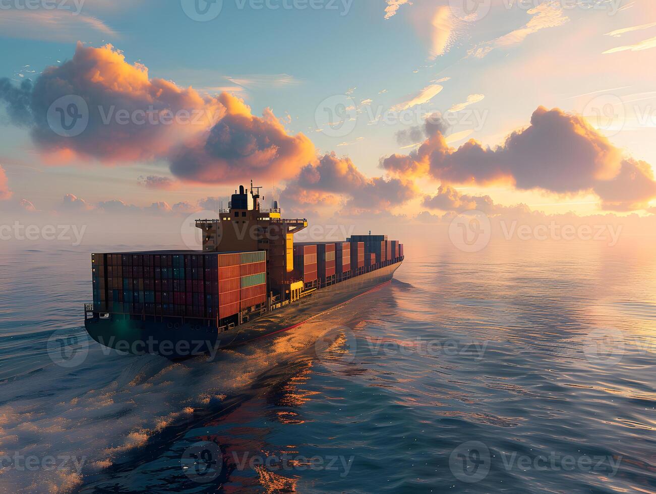 Top view of a large cargo ship with containers in the open ocean photo