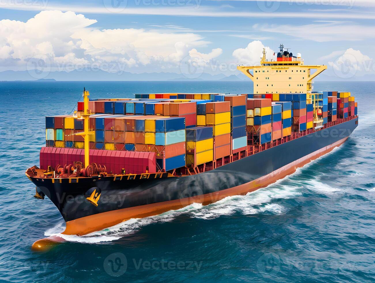 Top view of a large cargo ship with containers in the open ocean photo