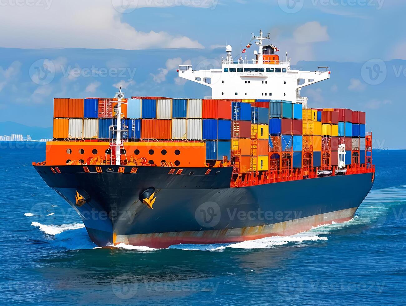 Top view of a large cargo ship with containers in the open ocean photo
