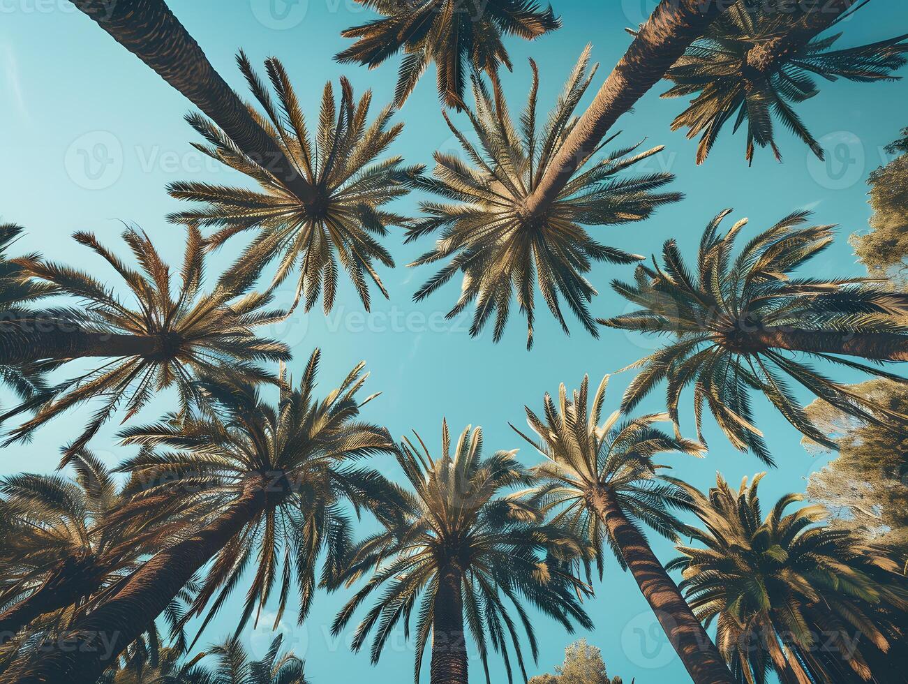 Alley of palm trees along the road, view from below photo