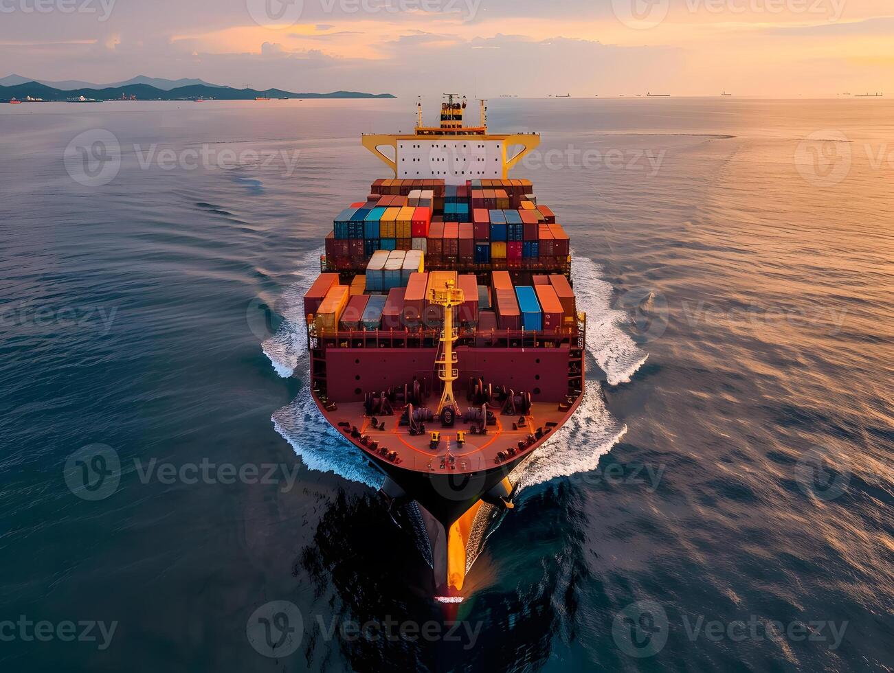 Top view of a large cargo ship with containers in the open ocean photo
