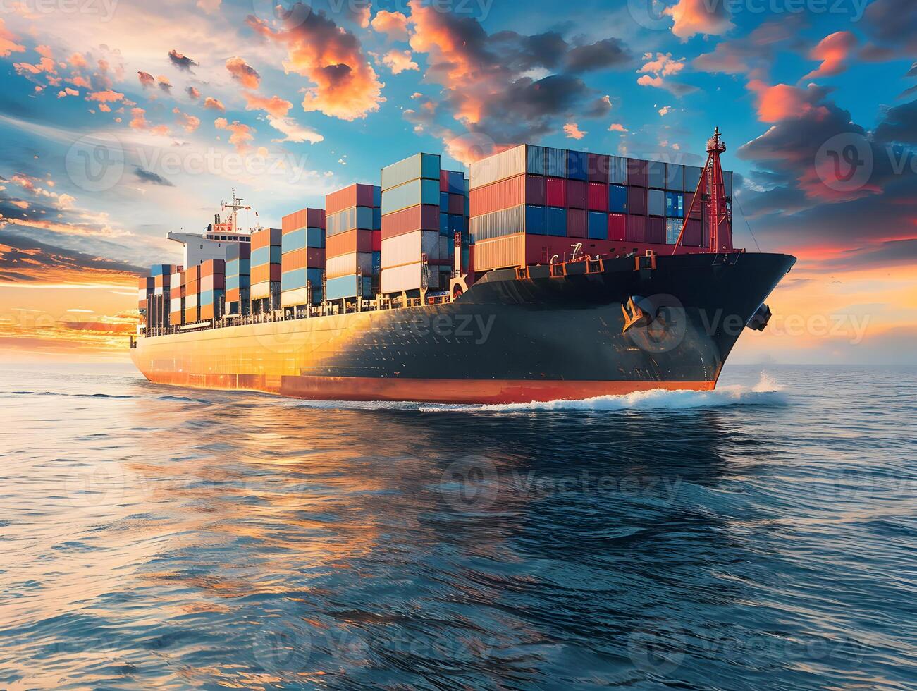 Top view of a large cargo ship with containers in the open ocean photo